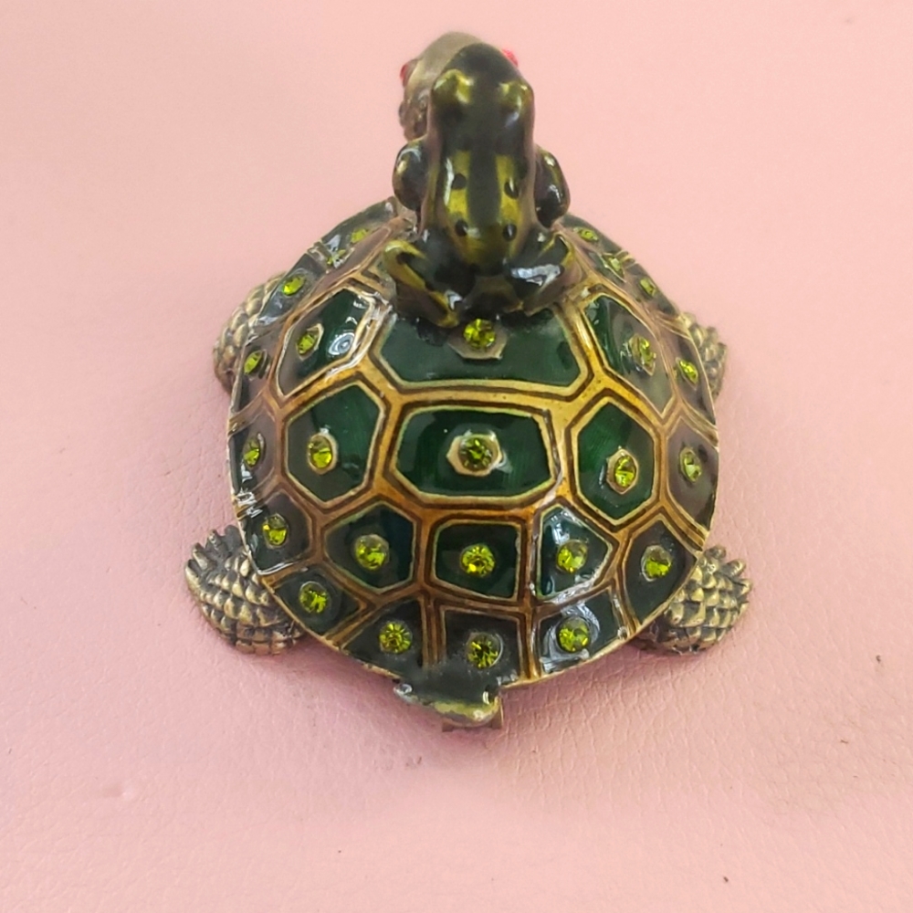 Brass Green Enamel Frog Riding a Turtle Jeweled Trinket Box - Picture 3 of 7